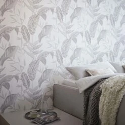 Vliestapete Elle Blattmuster Weiß Grau Silber 10332-10